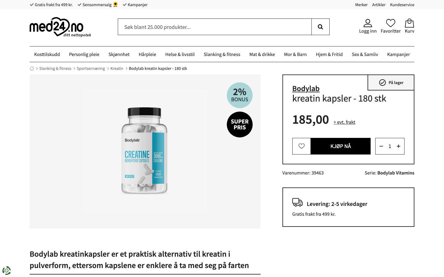 Produktside for Bodylab kreatin kapsler 180 stk hos Med24.no