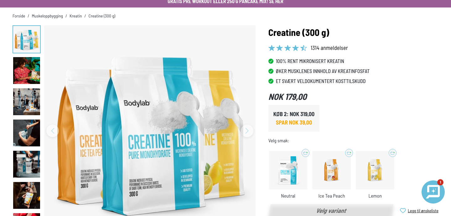 Bodylab Creatine 300g produktside med smaksvarianter, 179 kr