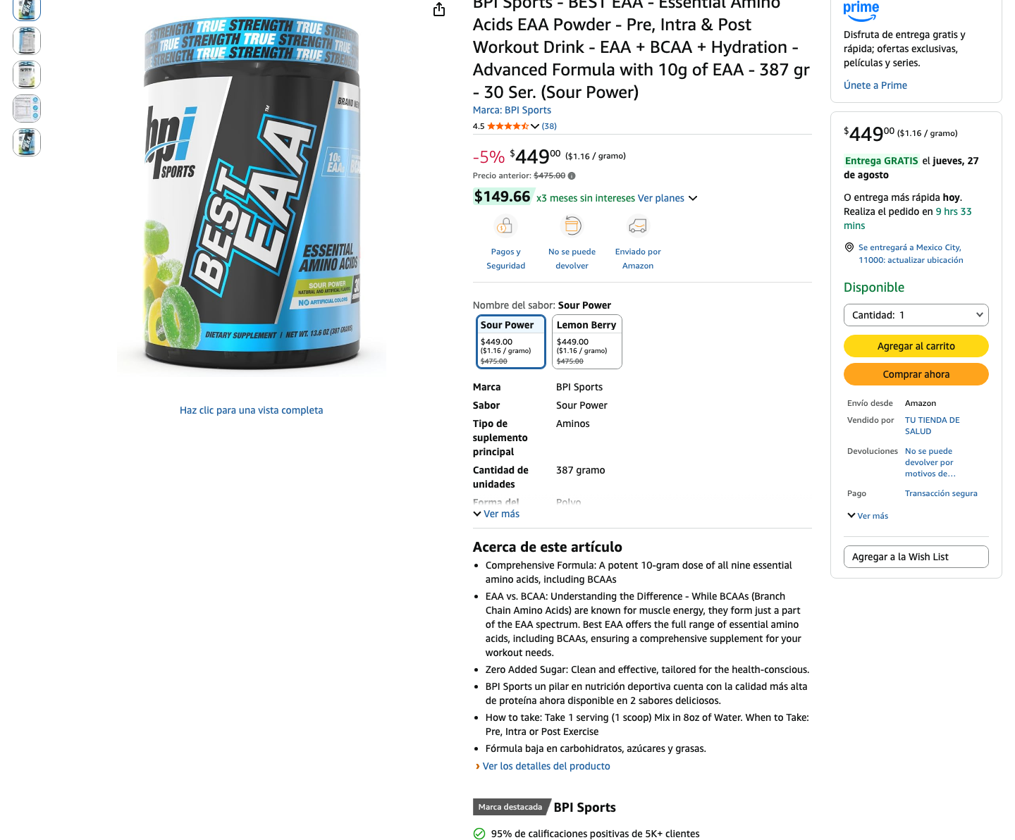 Ficha de producto de BPI Sports BEST EAA en Amazon México con precio y valoración