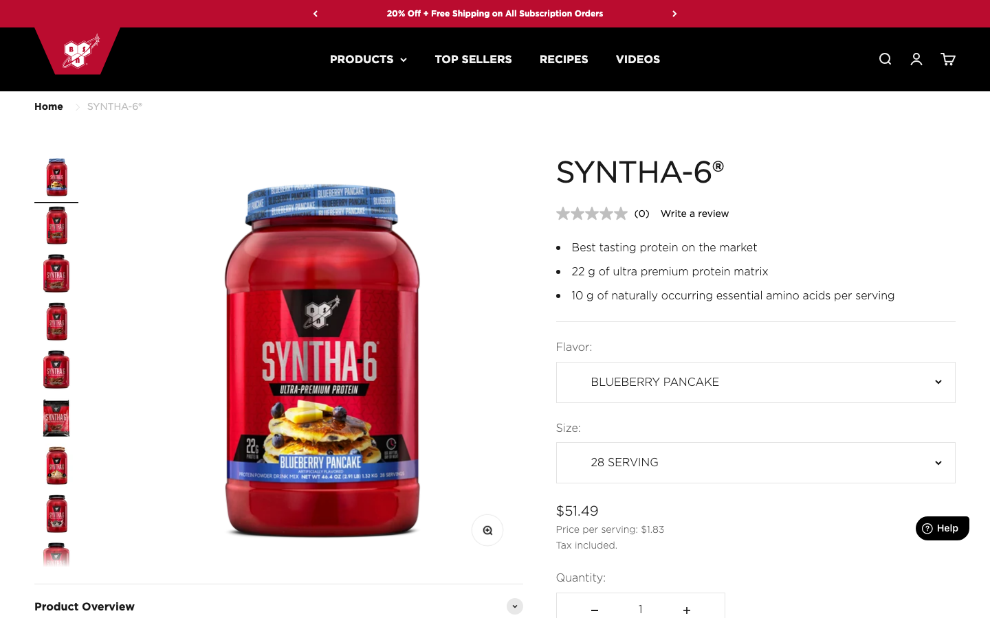 BSN Syntha-6 official product page showing Blueberry Pancake flavor, price per serving, and protein matrix details