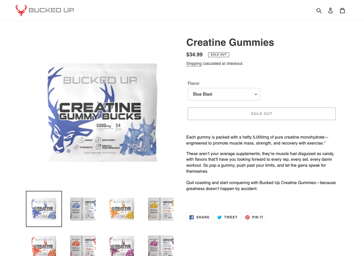 Bucked Up Creatine Gummy Bucks product page showing 5000mg creatine monohydrate per serving and 24 servings