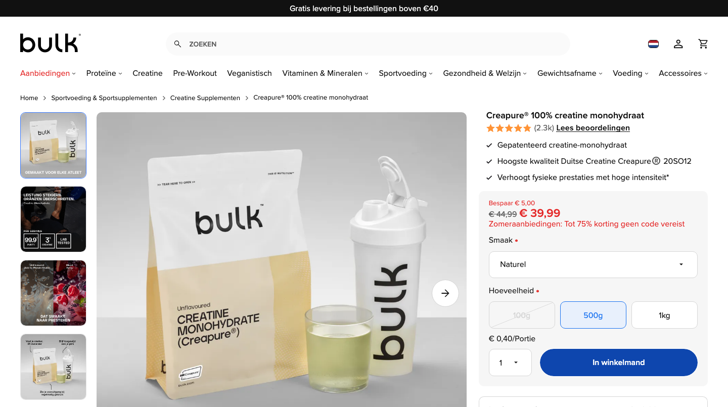 Screenshot van de Bulk Creapure Creatine Monohydraat productpagina