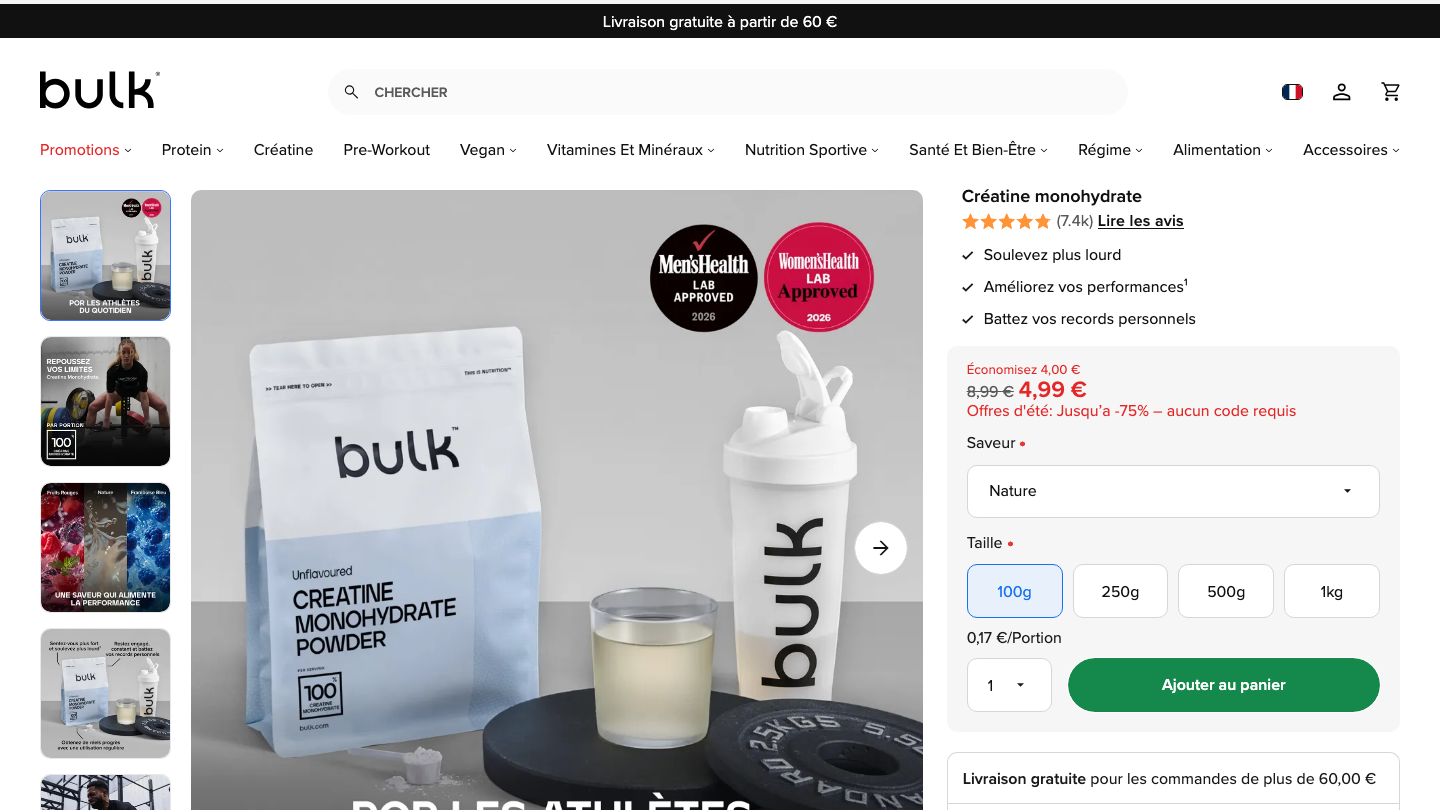 Fiche produit officielle Bulk Créatine Monohydrate, format 100g, prix et badges qualité