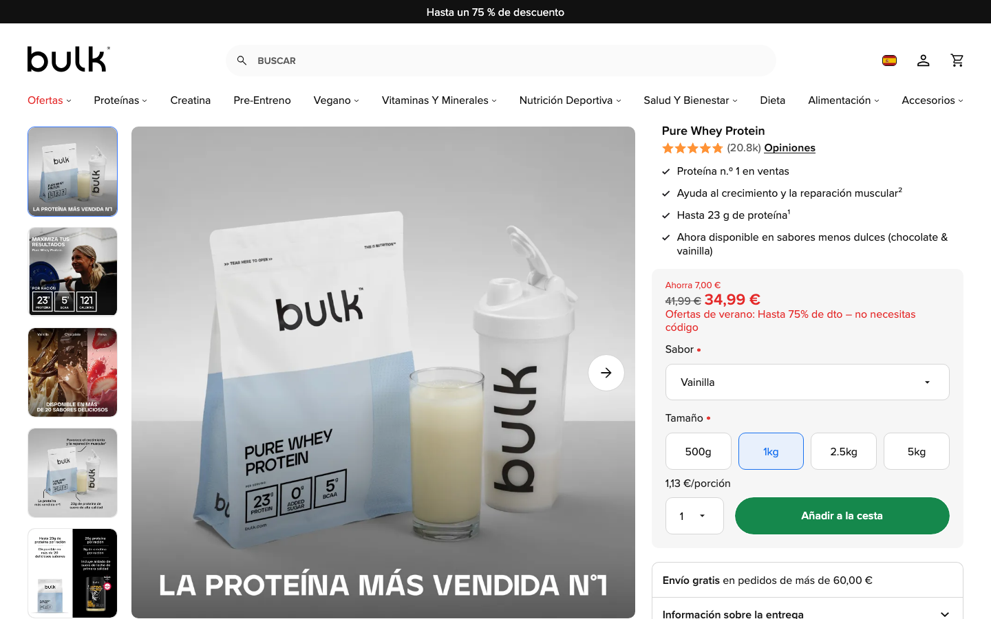Ficha de producto de Bulk Pure Whey Protein en bulk.com/es, 1kg, precio de oferta 34,99 euros