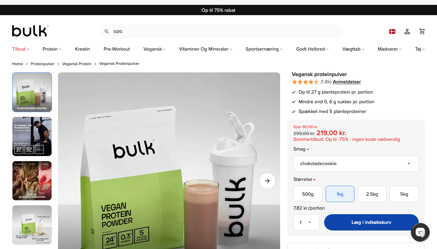 Skærmbillede af Bulk Vegansk proteinpulver produktside på bulk.com/dk