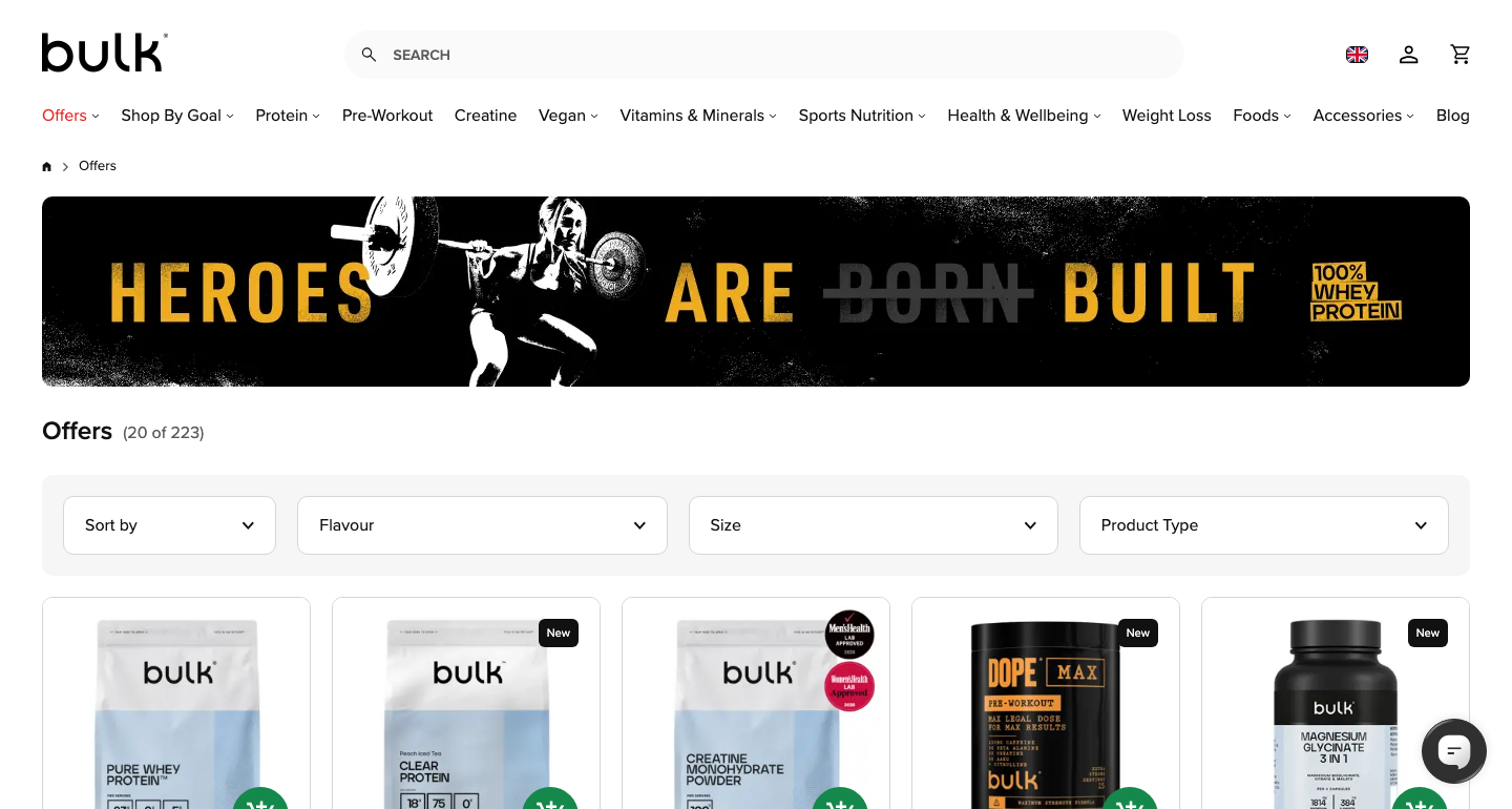 Screenshot of Bulk's official Today's Offers page on bulk.com/uk showing the live up to 75% off sitewide sale