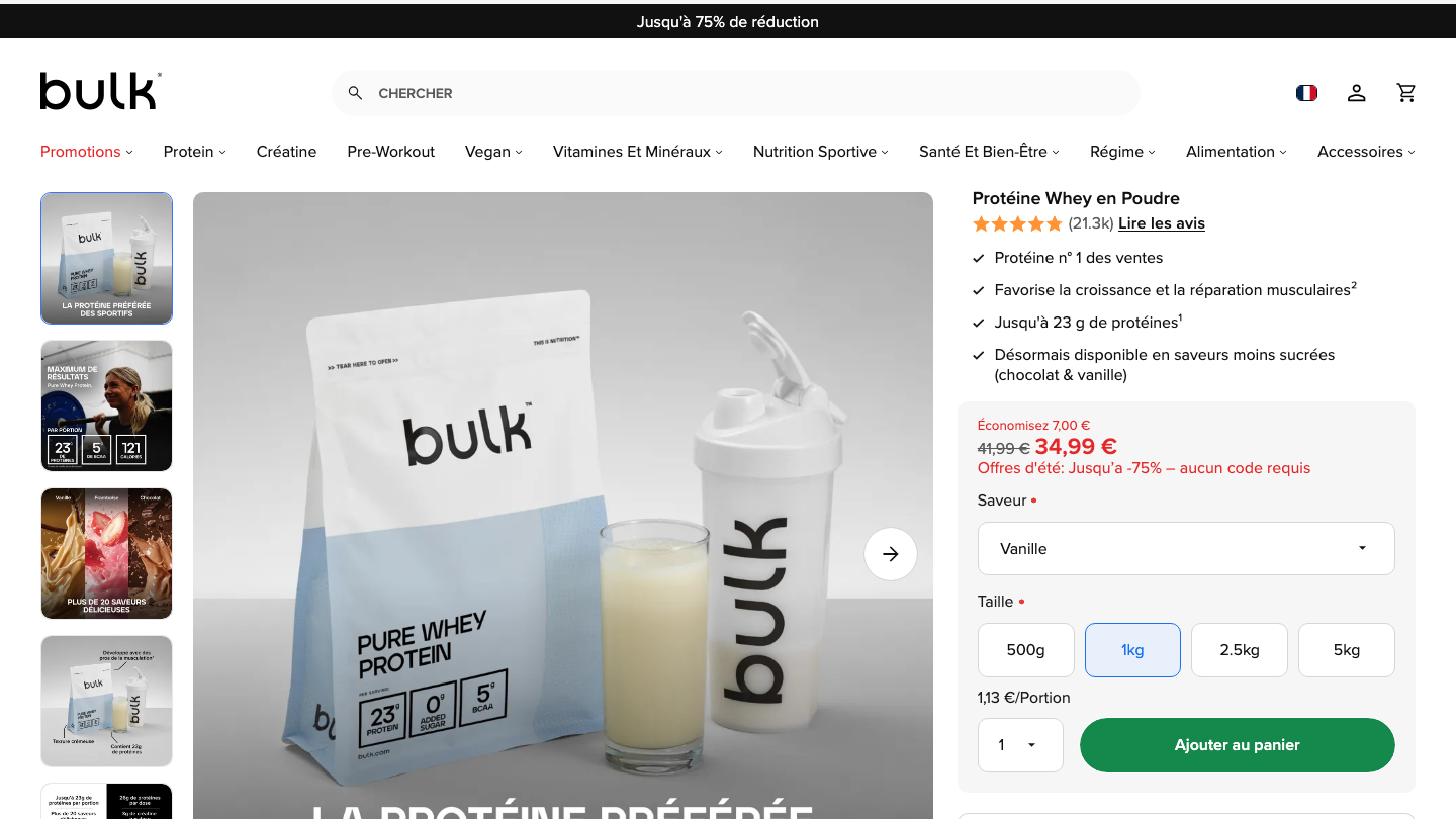 Fiche produit Bulk Pure Whey Protein sur fr.bulk.com avec le prix, la taille 1kg et les valeurs par portion