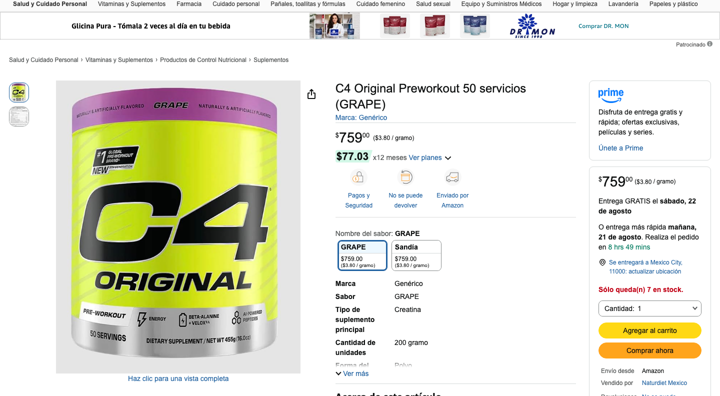 Ficha de producto de Cellucor C4 Original en Amazon México con precio y presentación