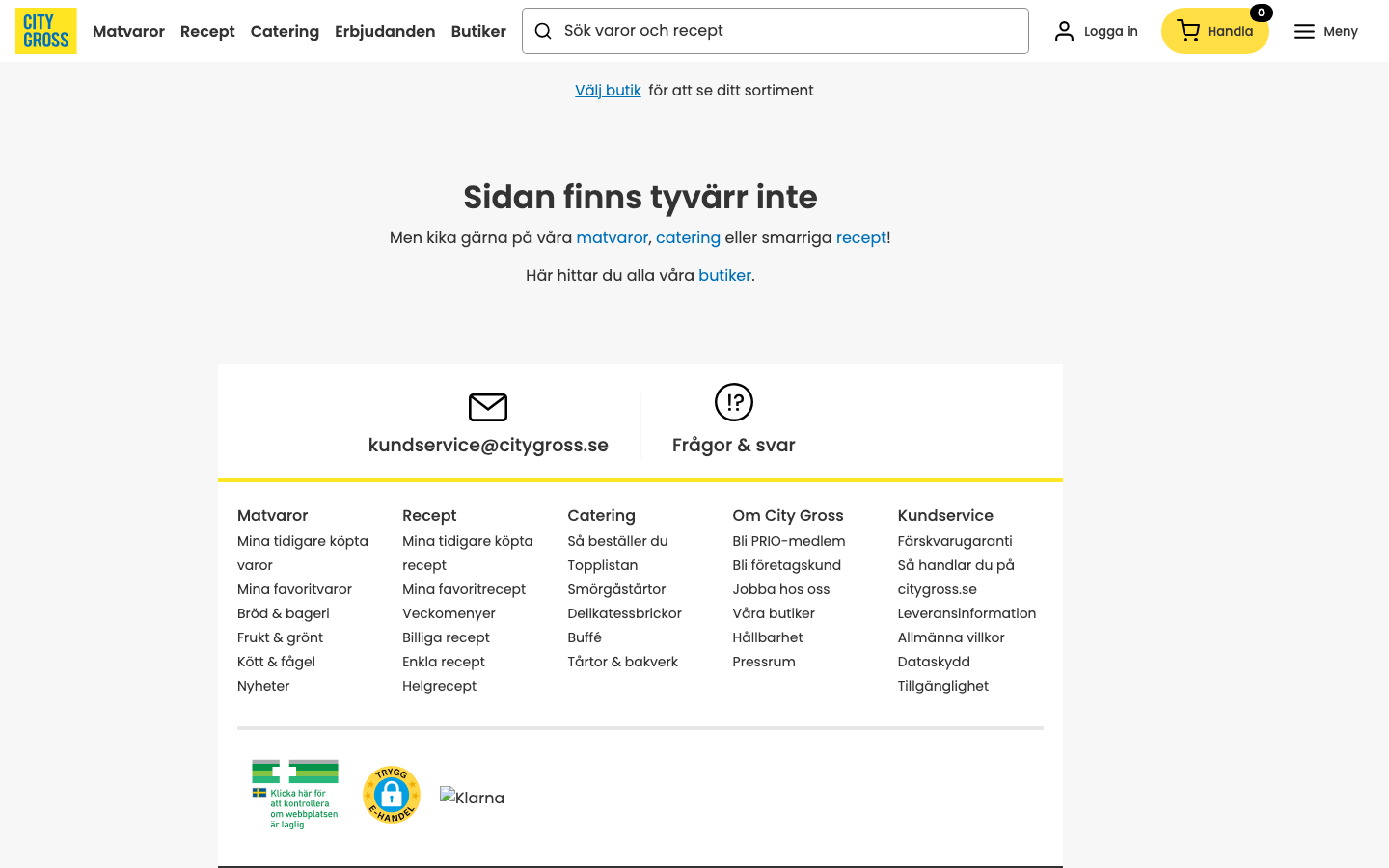 Skärmdump som visar att City Gross matkasse-sida svarar med Sidan finns tyvärr inte