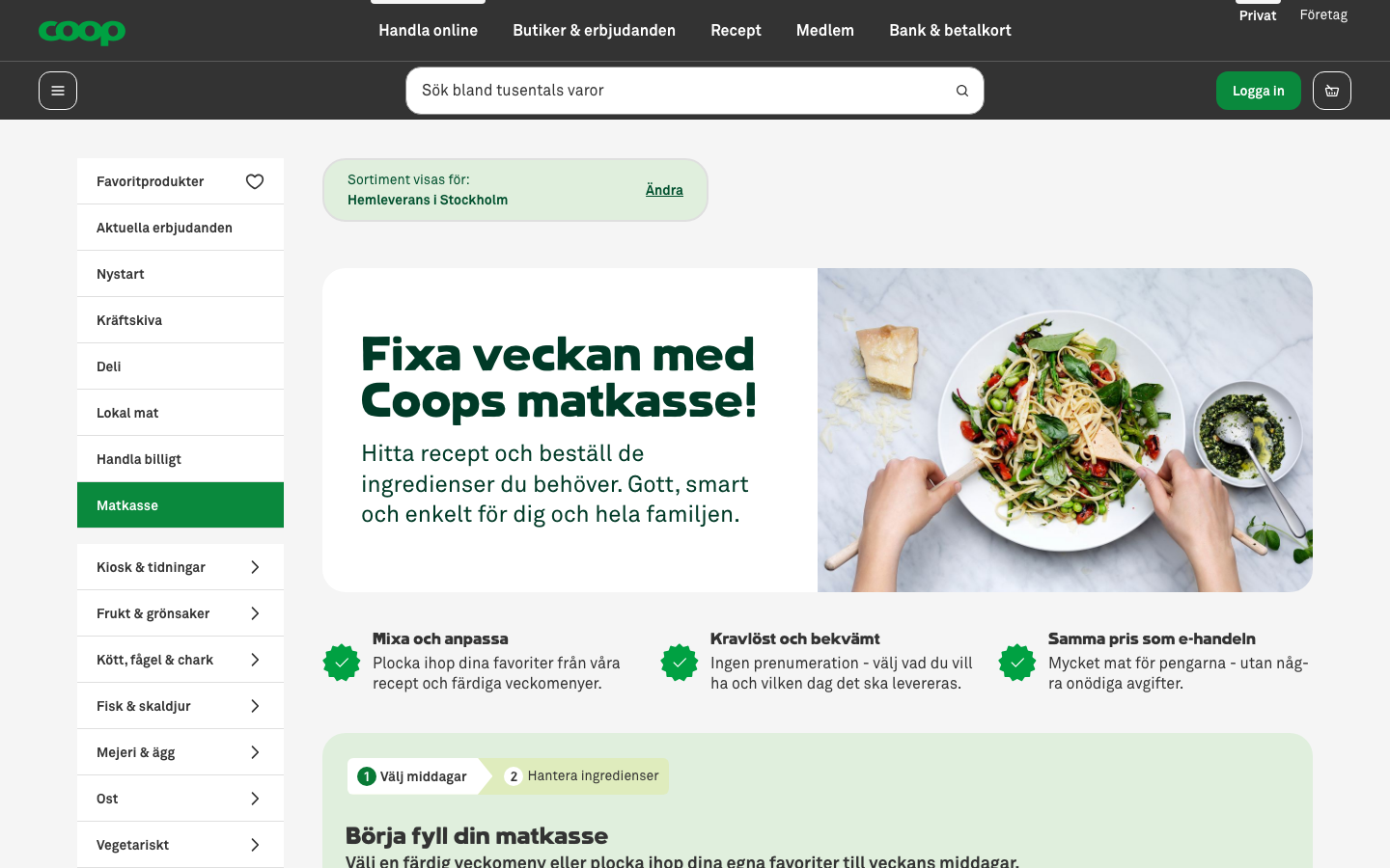 Skärmdump av Coops matkassebyggare med aktuella menyteman