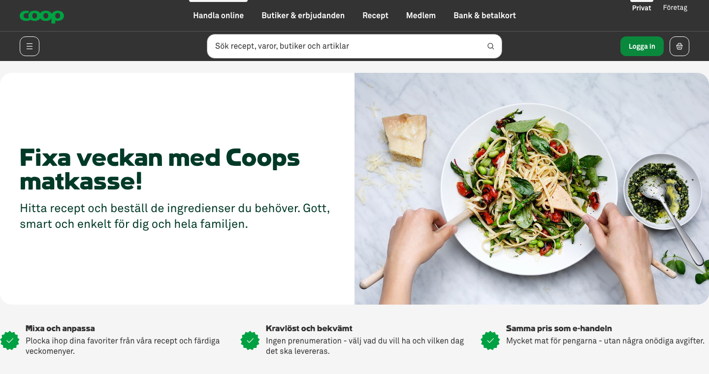 Coops matkassesida som visar ingen prenumeration, samma pris som e-handeln