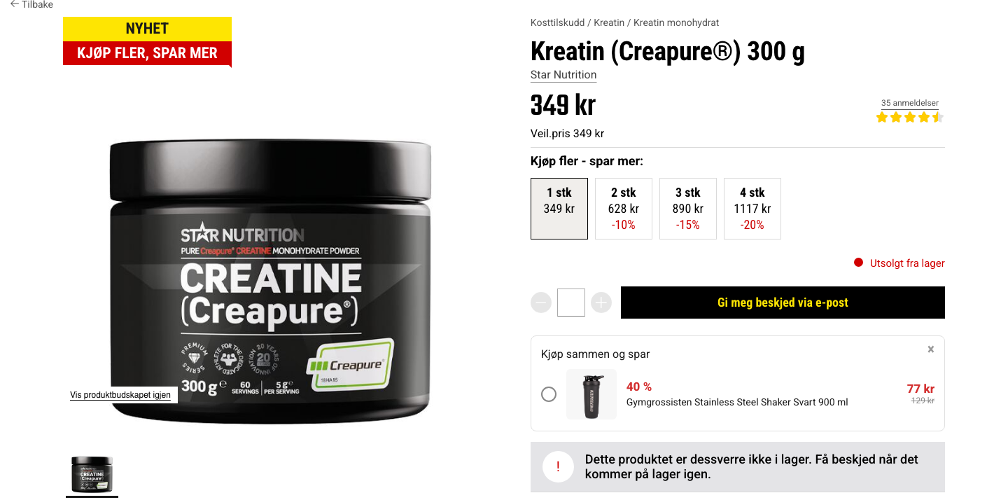 Gymgrossisten Creatine Creapure 300g produktside, 349 kr