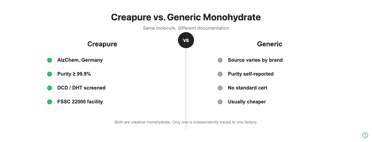 Comparison of Creapure creatine monohydrate (AlzChem Germany, purity at least 99.9%, DCD and DHT screened, FSSC 22000 facility) versus generic creatine monohydrate (source varies by brand, purity self-reported, no standard certification, usually cheaper)