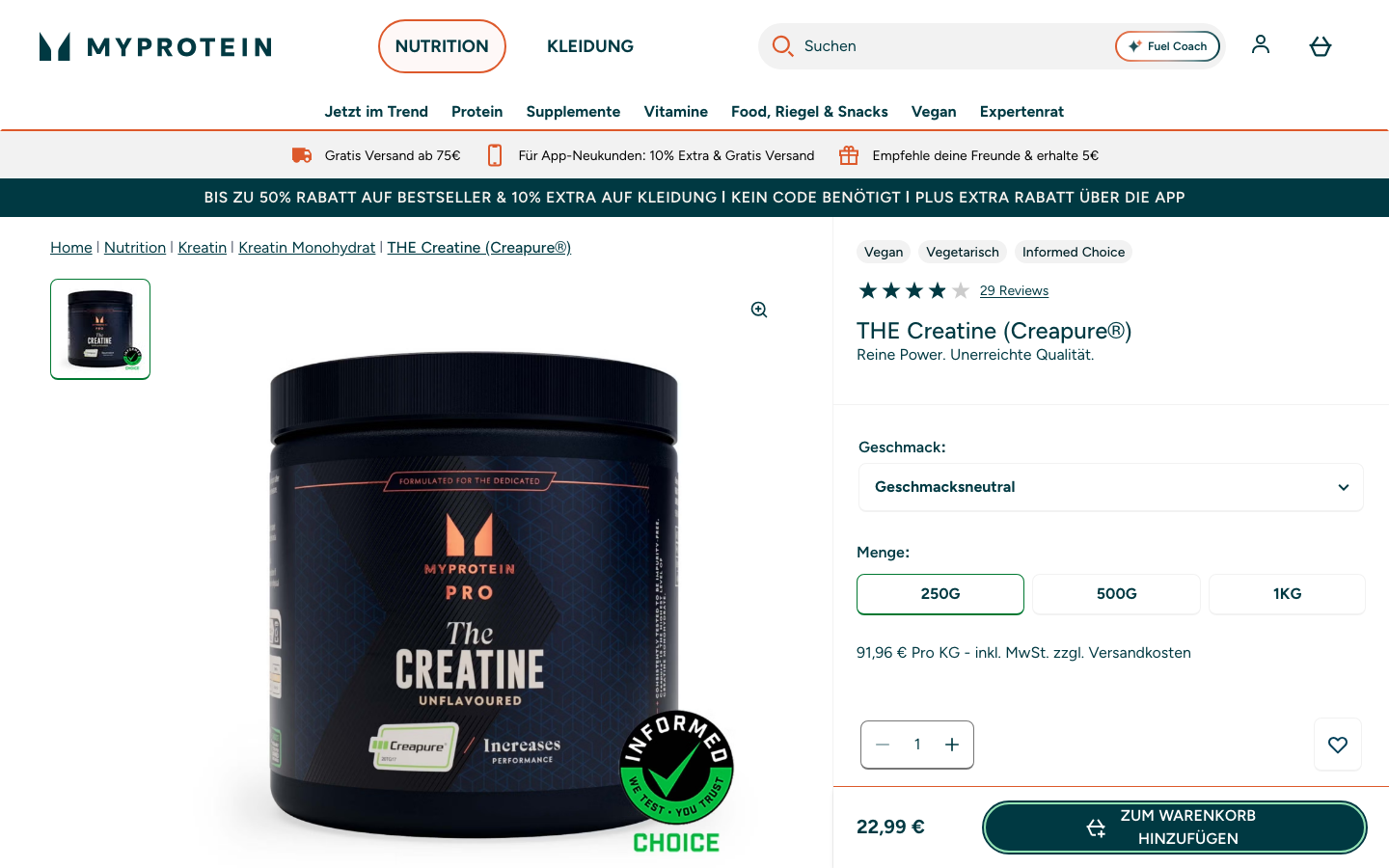 Produktseite von MyProtein THE Creatine mit zertifiziertem Creapure Kreatin Monohydrat