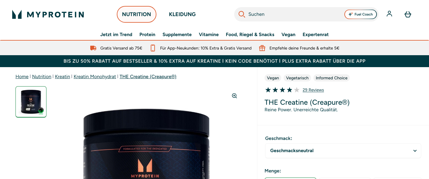 Produktseite von Myprotein THE Creatine mit Creapure-Siegel und Preis