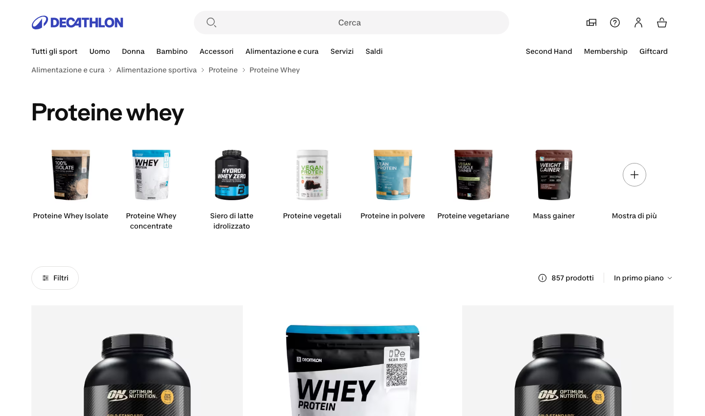 Screenshot della pagina proteine whey su decathlon.it con il prodotto WHEY PROTEIN Decathlon in evidenza tra i risultati
