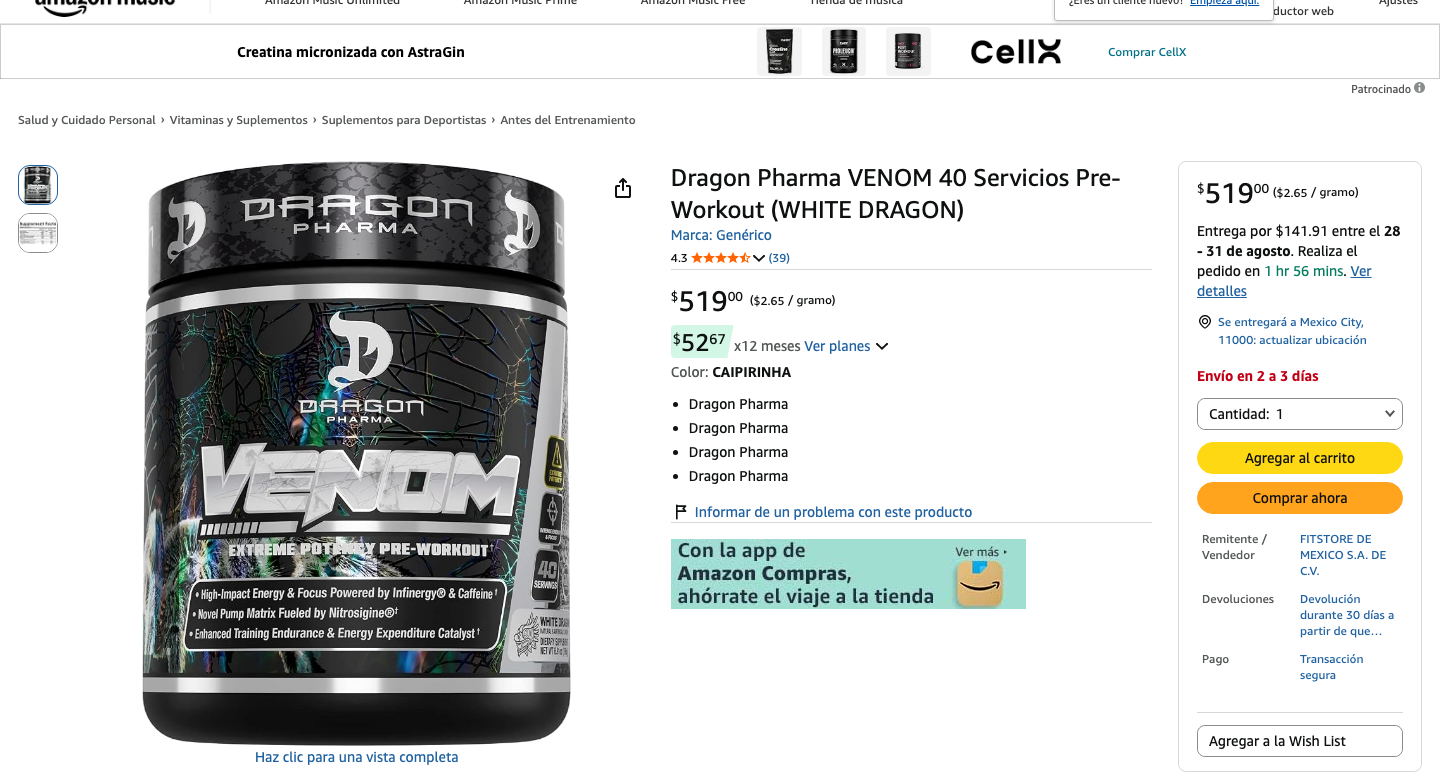 Ficha de producto de Dragon Pharma Venom en Amazon México con precio y presentación