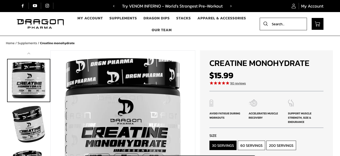 Ficha de producto de Creatine Monohydrate Essentials de Dragon Pharma en dragonpharmalabs.com mostrando precio, tamaños y valoración