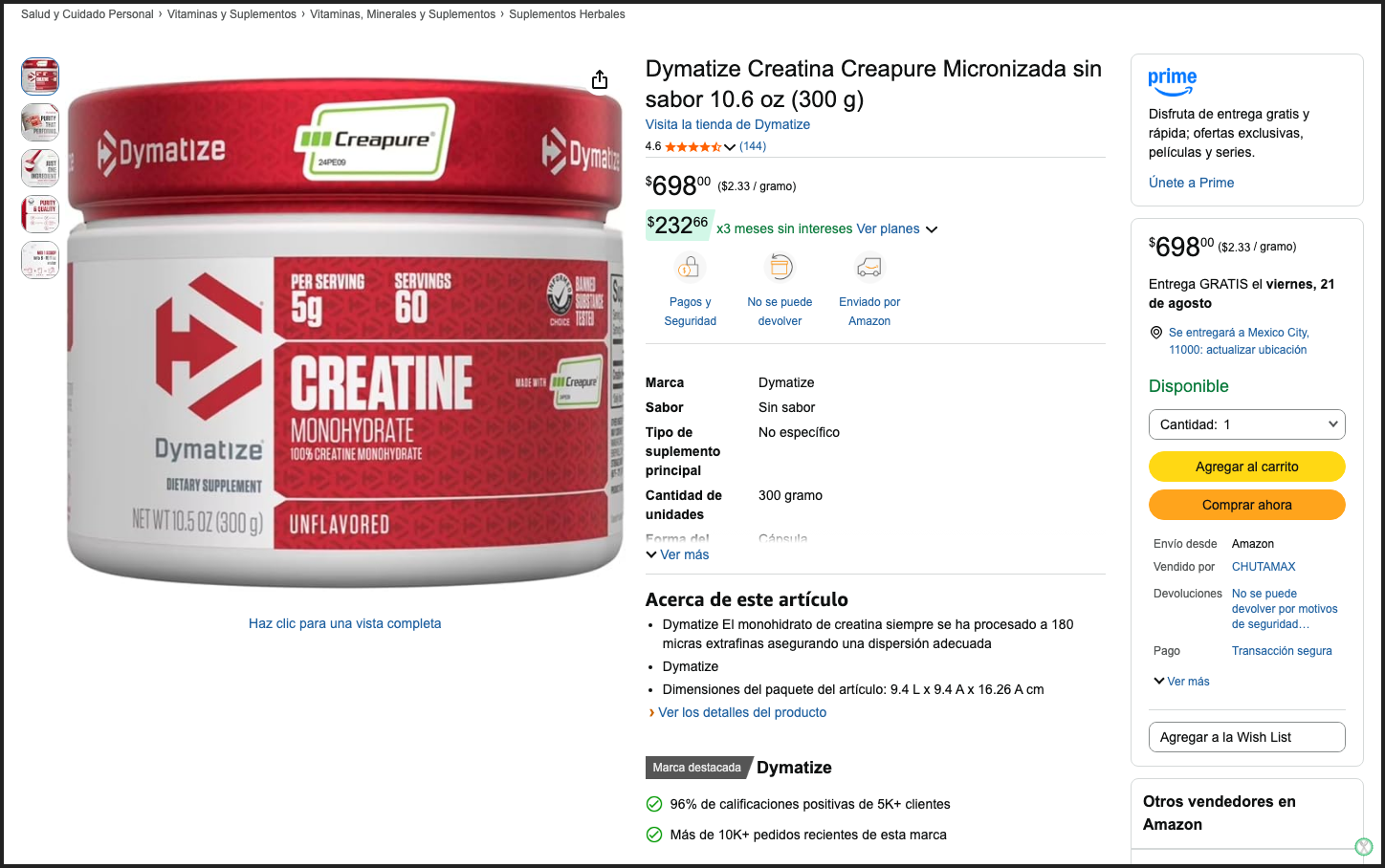 Ficha de producto de Dymatize Creatina Creapure Micronizada en Amazon Mexico con precio y valoracion