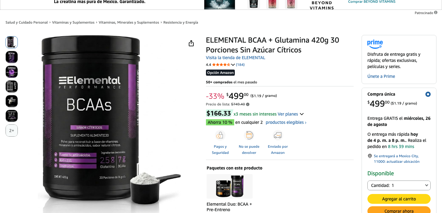 Ficha de producto de Elemental BCAA + Glutamina en Amazon México con precio y valoración