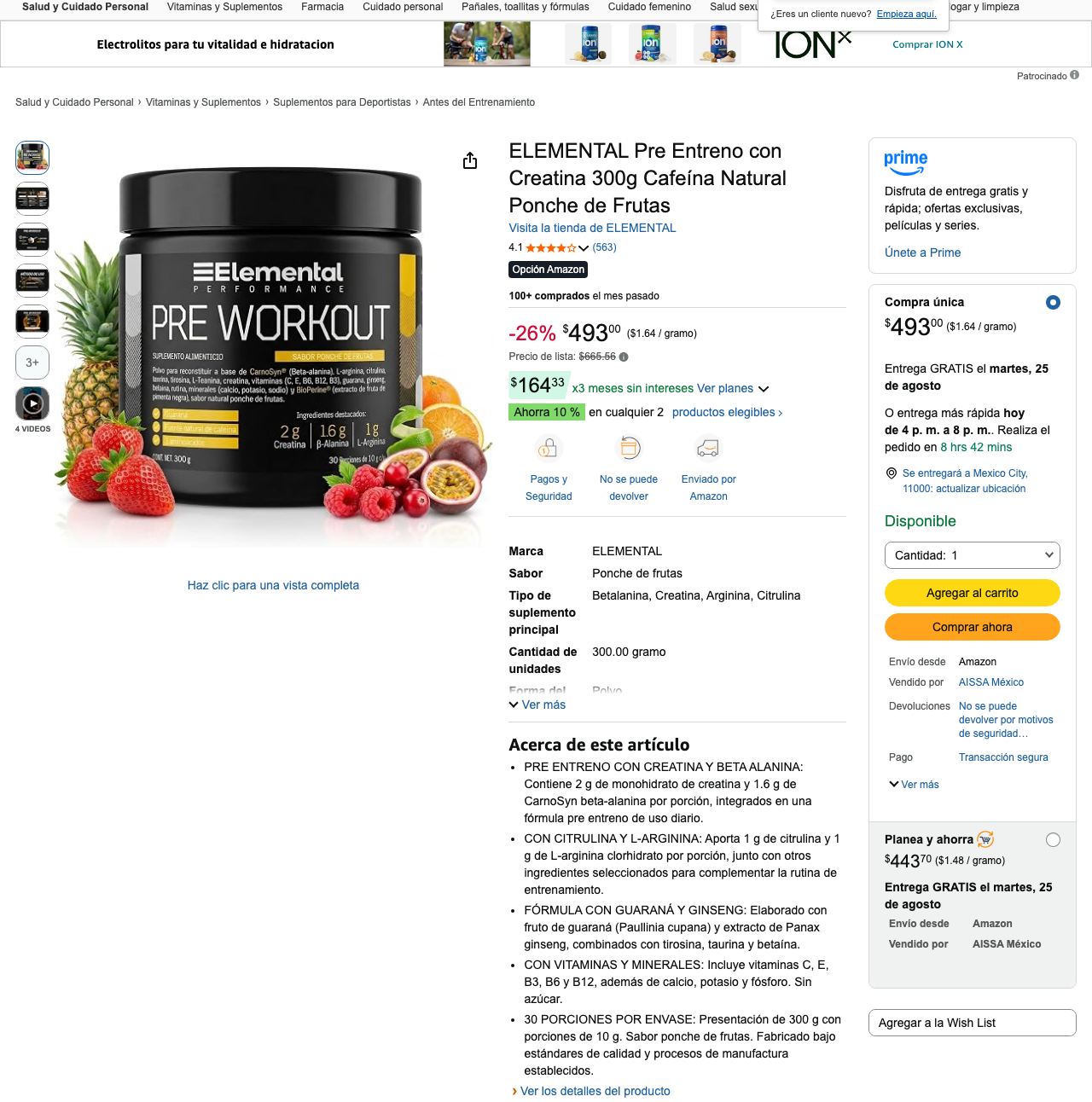 Captura de pantalla de la ficha de producto de Elemental Pre Entreno con Creatina en Amazon México, mostrando precio de 493 pesos y calificación de 4.1 estrellas
