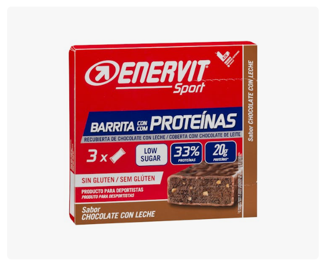 Envase de la barrita con proteínas Enervit Sport sabor chocolate con leche vendida en Mercadona