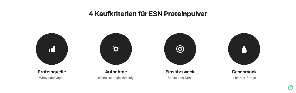 Vier Kaufkriterien für ESN Proteinpulver: Proteinquelle, Aufnahme, Einsatzzweck, Geschmack