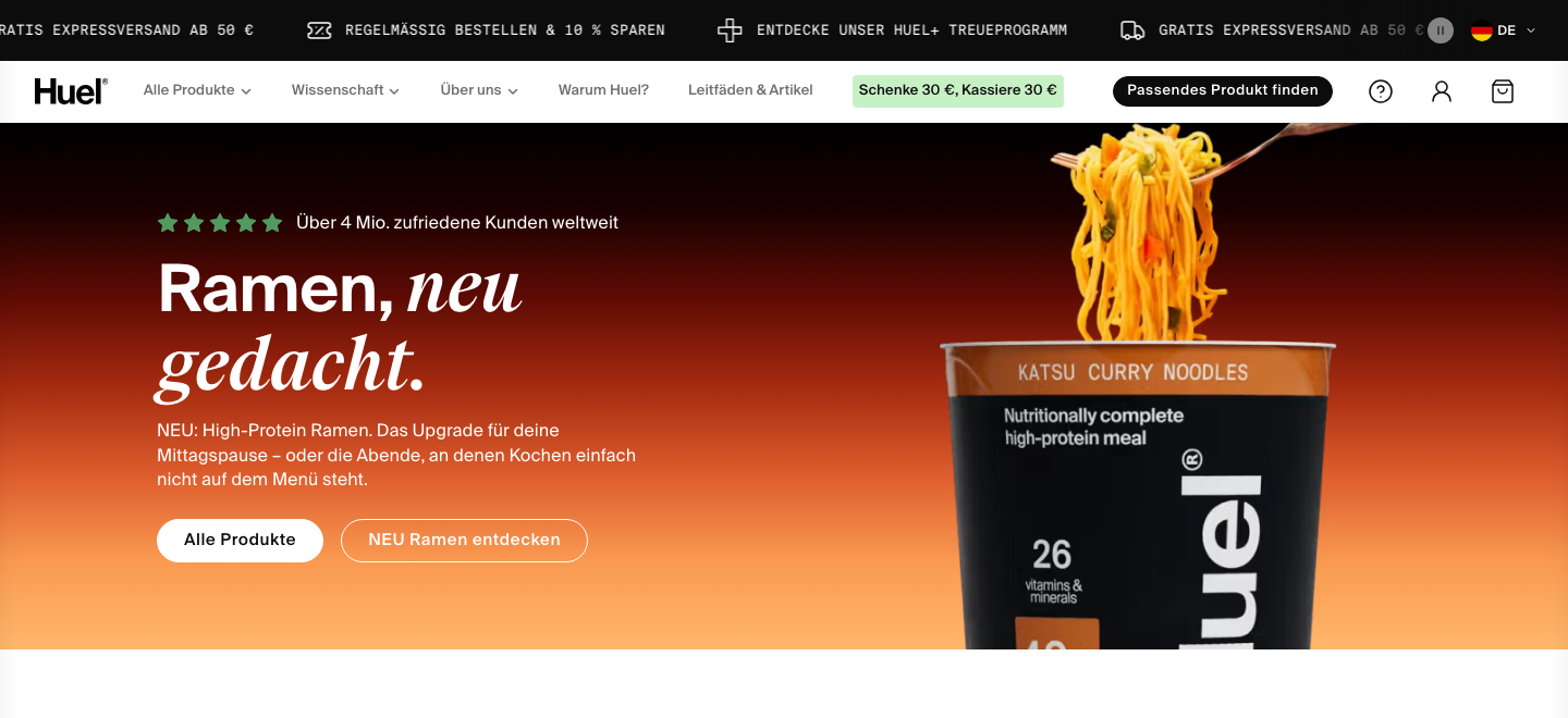 Homepage van Huel met de Black Edition maaltijdvervanger en 40 gram eiwit per portie