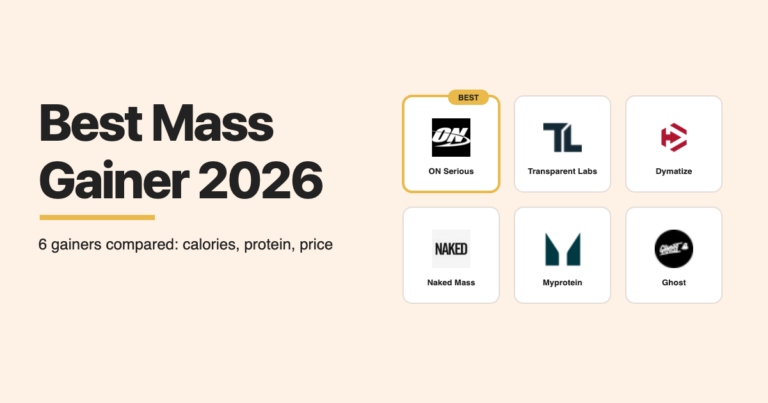 Best Mass Gainer 2026 comparison featuring Optimum Nutrition, Transparent Labs, Dymatize, Naked Mass, Myprotein and Ghost
