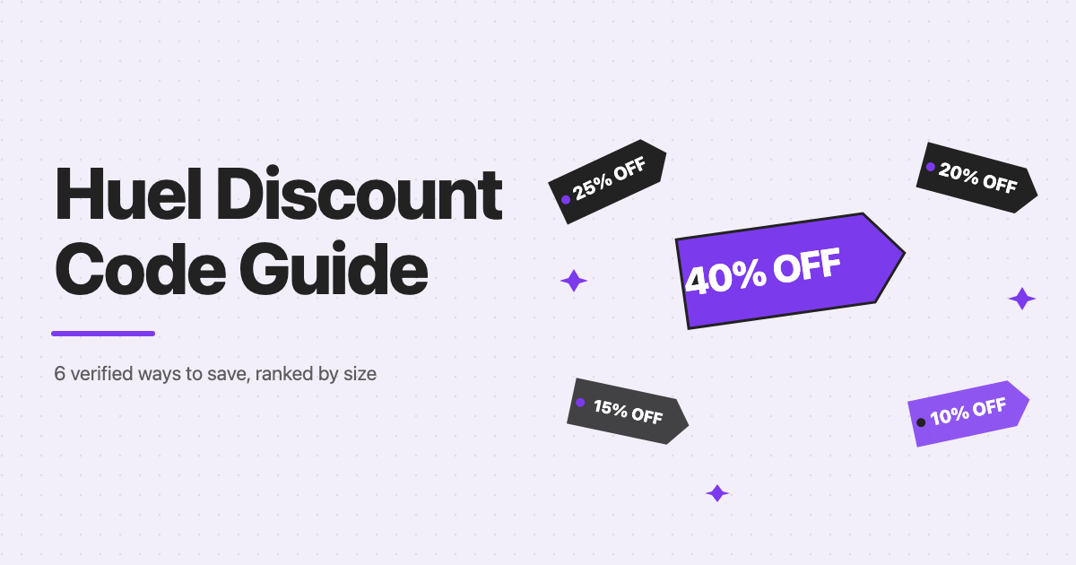 Huel discount code guide featured image showing 40%, 25%, 20%, 15% and 10% off tags
