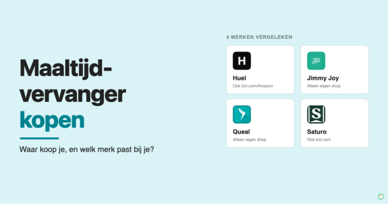 Overzicht van Huel, Jimmy Joy, Queal en Saturo met waar je elk merk kunt kopen