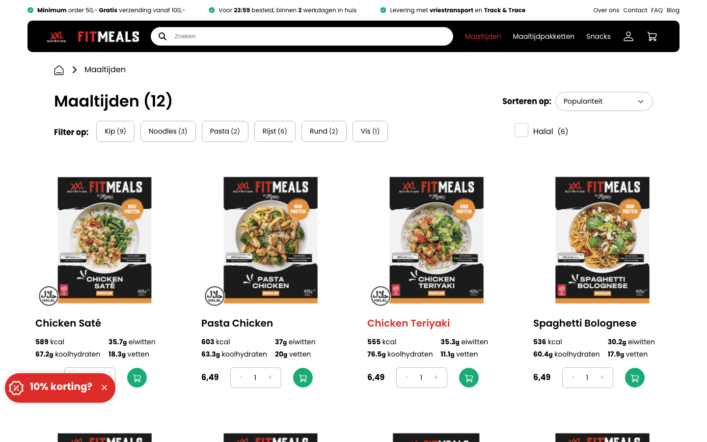 Screenshot van het Fitmeals maaltijdenoverzicht met vaste prijs van €6,49 per maaltijd, eiwitgehalte en halal-filter