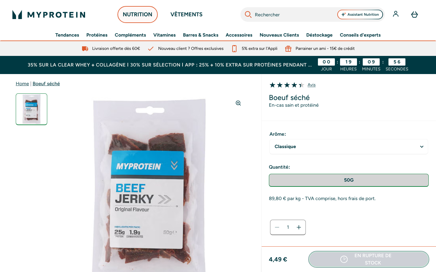 Page produit MyProtein Boeuf Séché avec prix et valeurs nutritionnelles