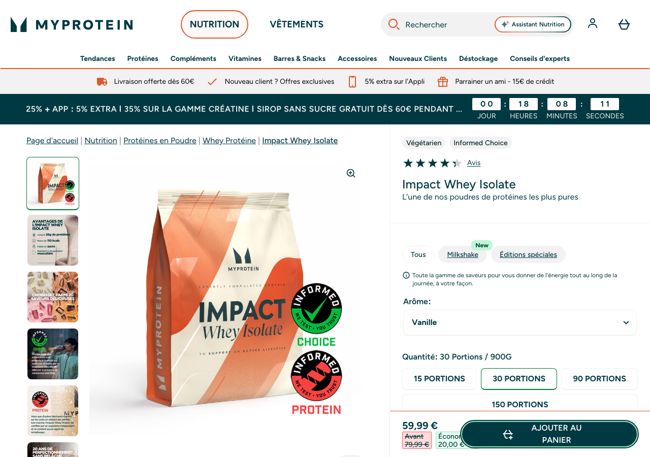 Fiche produit officielle de l'Impact Whey Isolate sur fr.myprotein.com, arôme Vanille, 59,99 euros