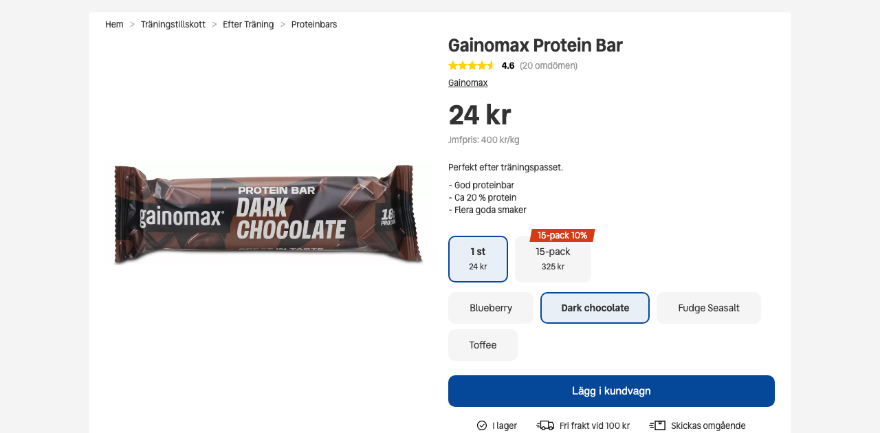Skärmdump av produktsidan för Gainomax Protein Bar hos Svenskt Kosttillskott.