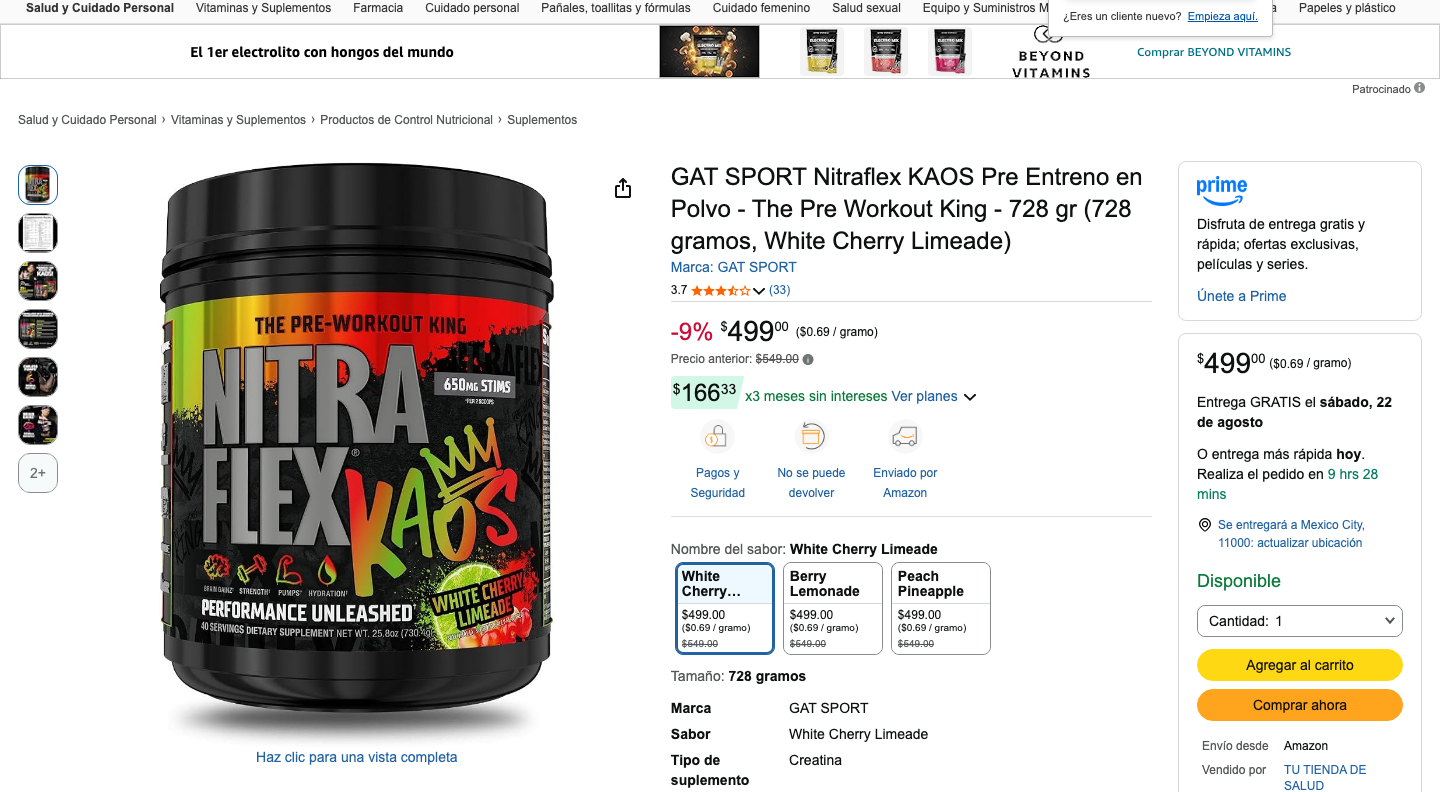 Ficha de producto de GAT Nitraflex KAOS en Amazon México con precio y presentación
