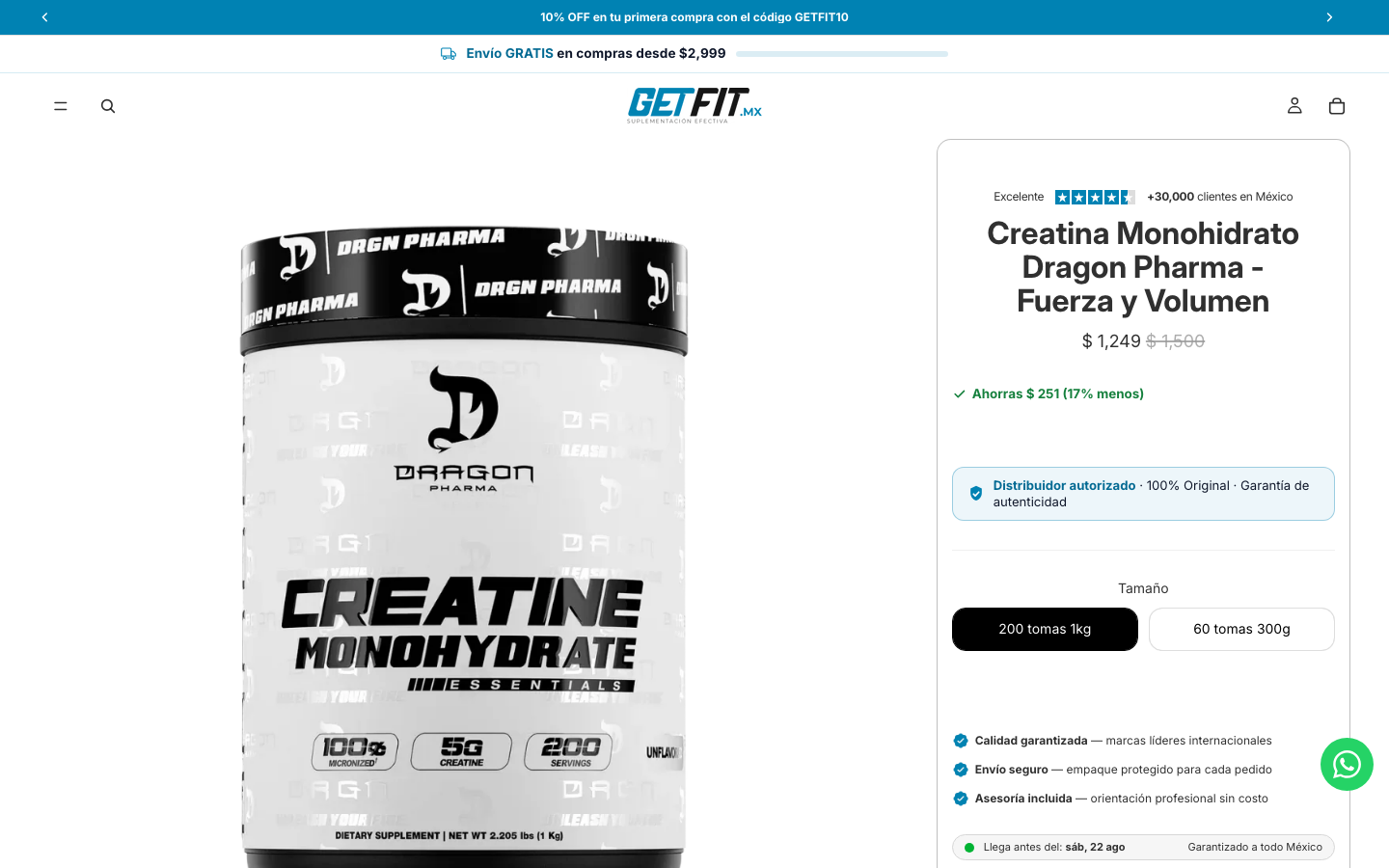 Ficha de la Creatina Dragon Pharma en la tienda mexicana getfit.mx mostrando precio y tamaño de envase