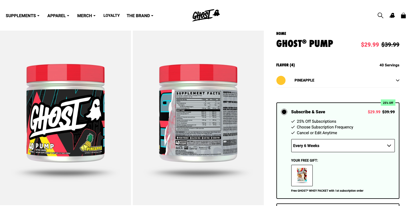 Página de producto de Ghost Pump, pre-entreno sin cafeína con citrulina y NO3-T