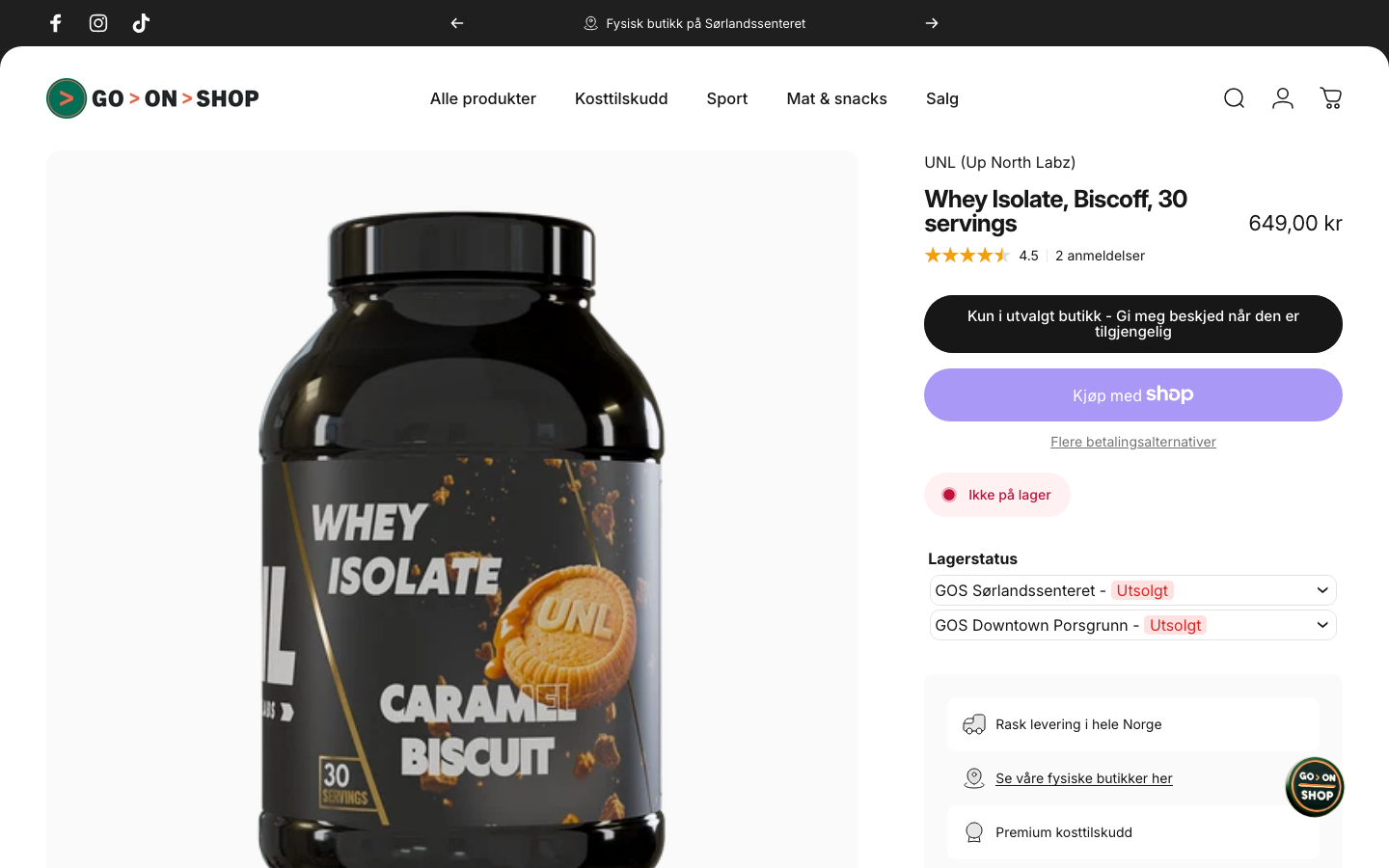 UNL Whey Isolate Biscoff produktside hos Go-On-Shop.no med pris og lagerstatus