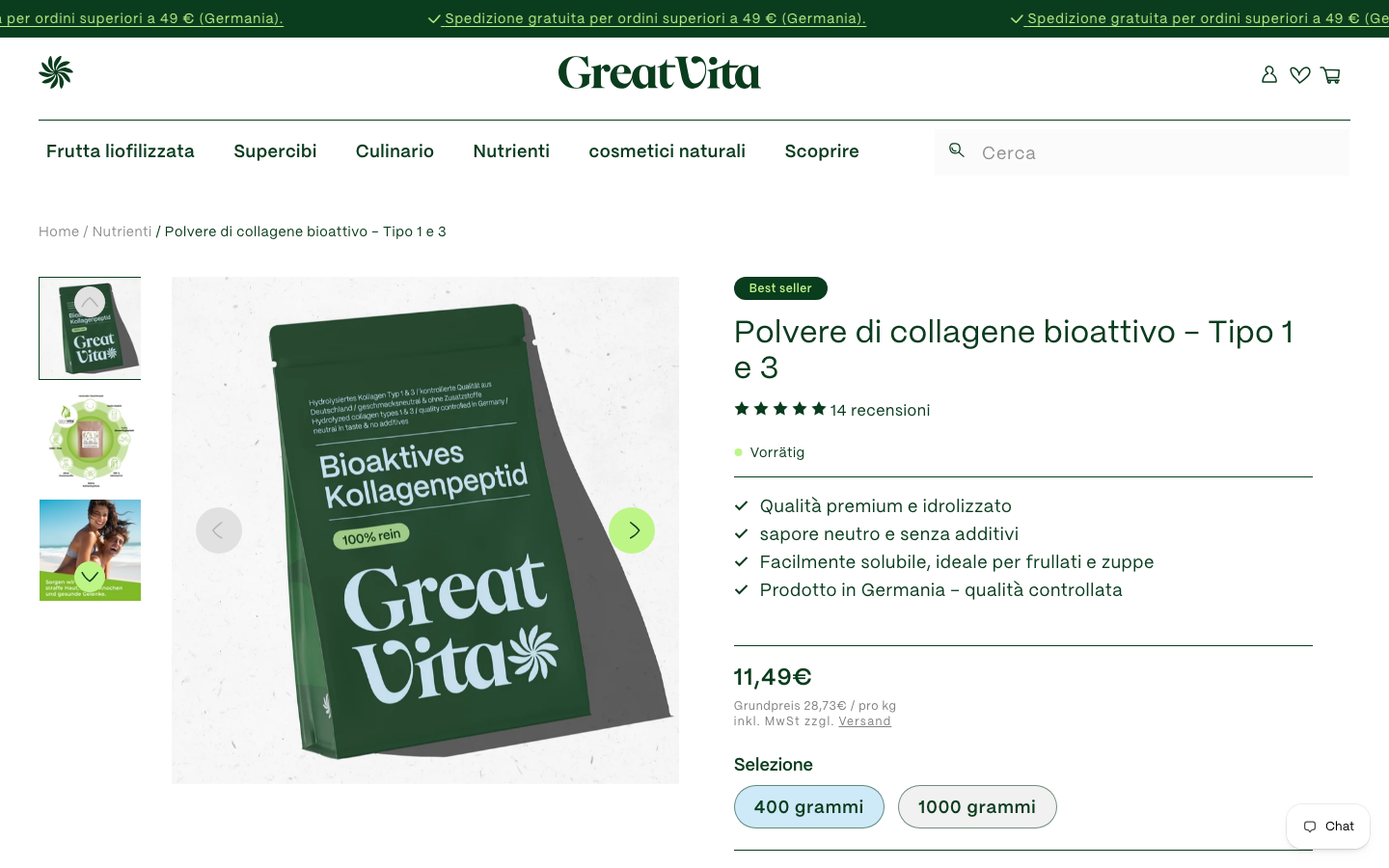 Pagina prodotto GreatVita Collagene Bioattivo su greatvita.de