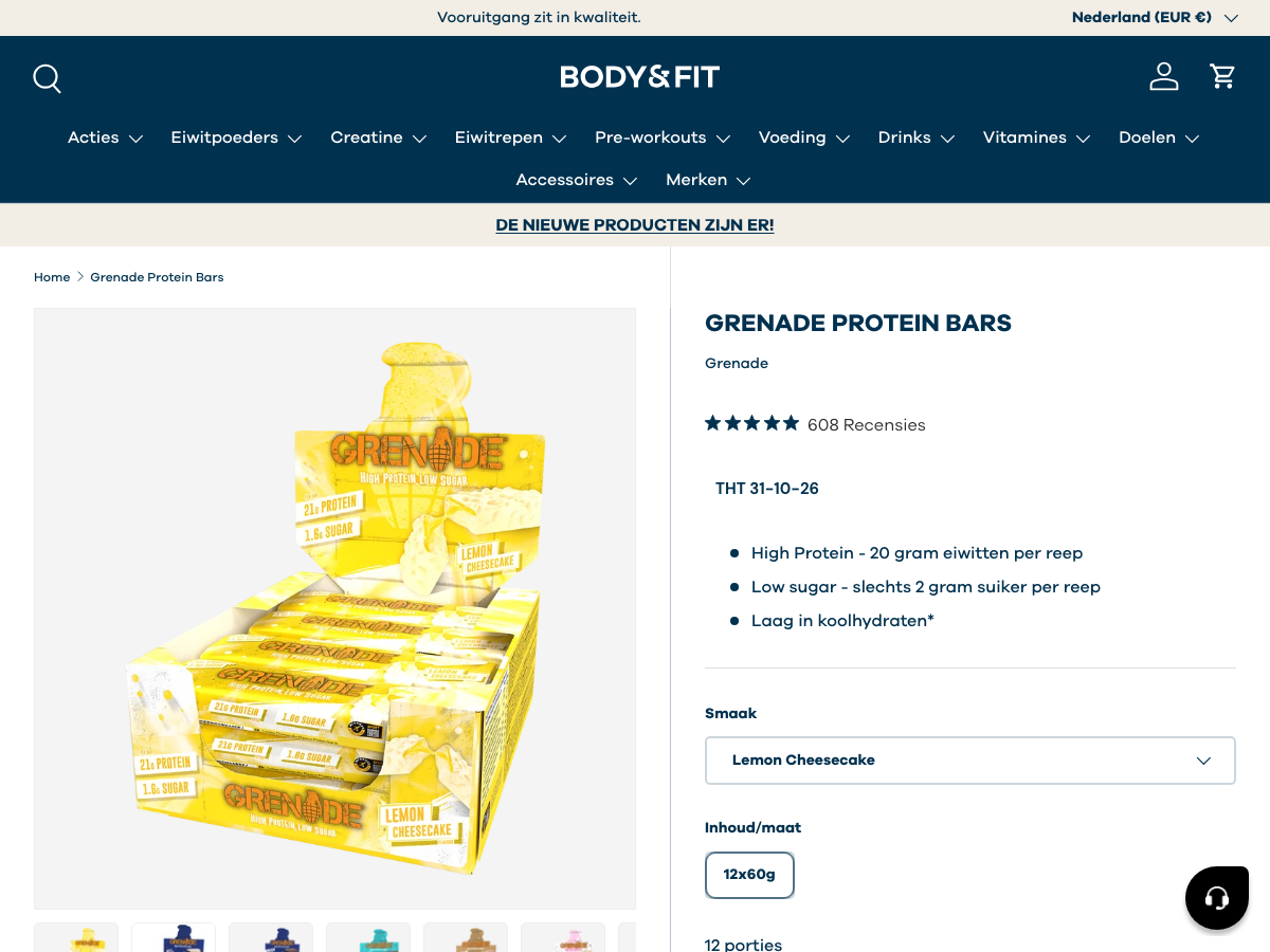 Productpagina van Grenade Carb Killa eiwitreep met suiker- en eiwitwaarden op de verpakking