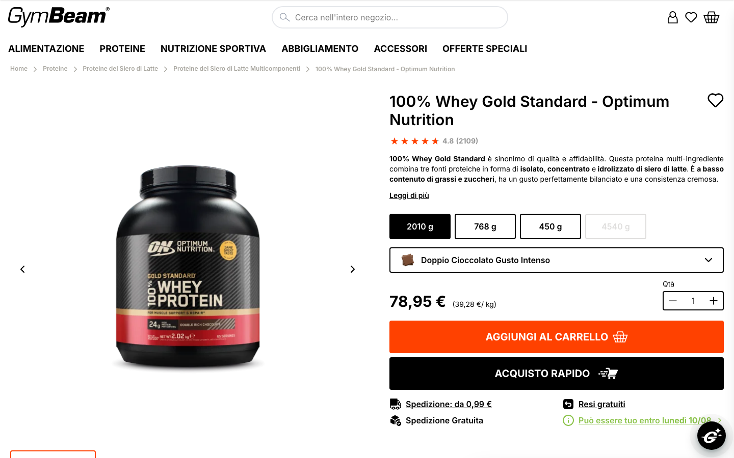 Scheda prodotto Gold Standard 100% Whey su GymBeam.it, rivenditore ufficiale italiano, formato 2010 g a 78,95 euro