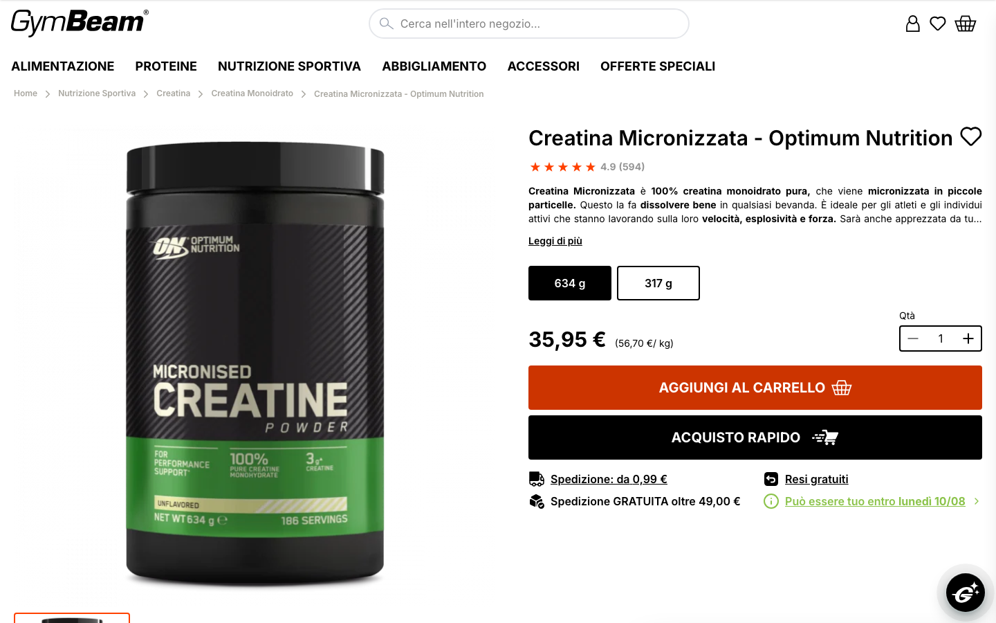 Scheda prodotto Micronized Creatine di Optimum Nutrition su GymBeam.it, formato 634 g a 35,95 euro