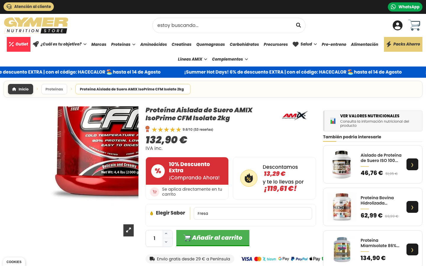 Ficha de producto de Amix Isoprime CFM Isolate 2kg en gymerstore.com, precio 132,90 euros con 10% de descuento adicional a 119,61 euros