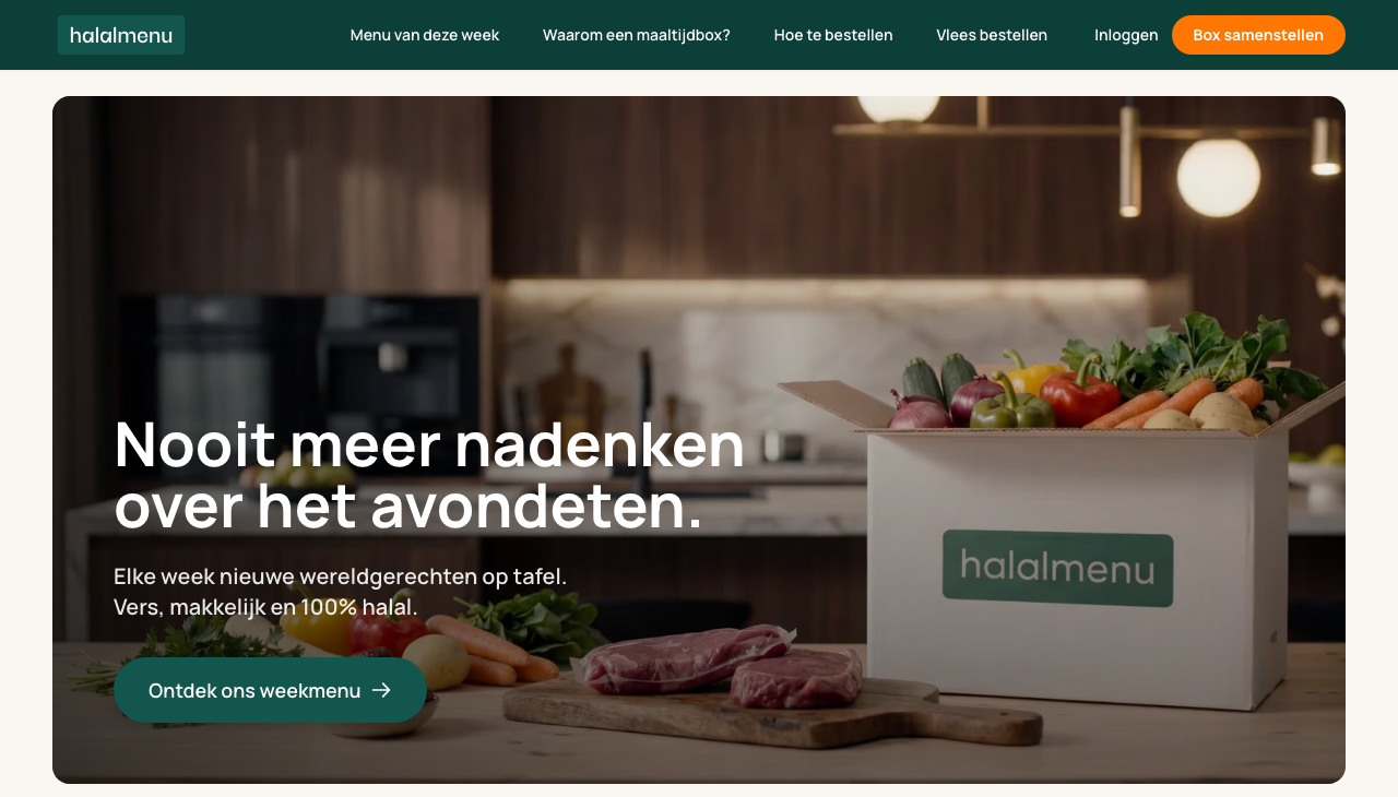 Homepage van Halalmenu, de halal maaltijdbox met vers weekmenu en vlees van Slagerij Kaddour