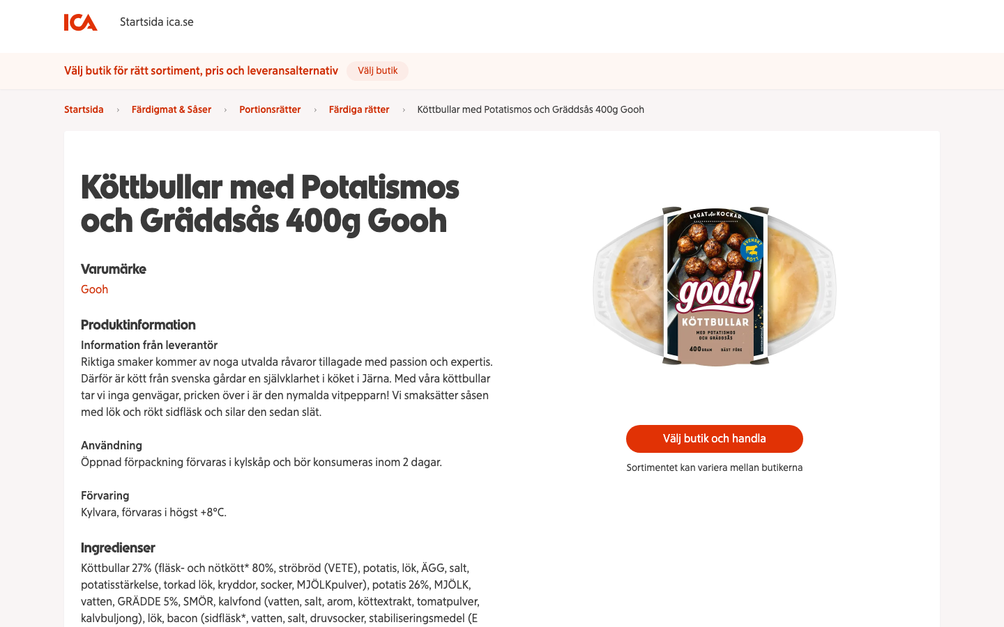 Produktsida hos ICA som visar Goohs Köttbullar med Potatismos och Gräddsås 400 gram med näringsvärden
