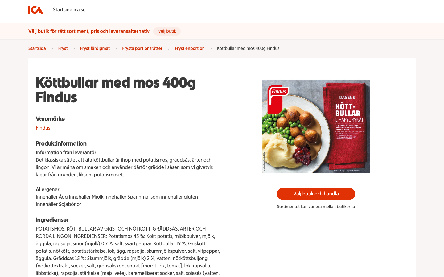 Findus Köttbullar med mos 400g på ICA:s produktsida