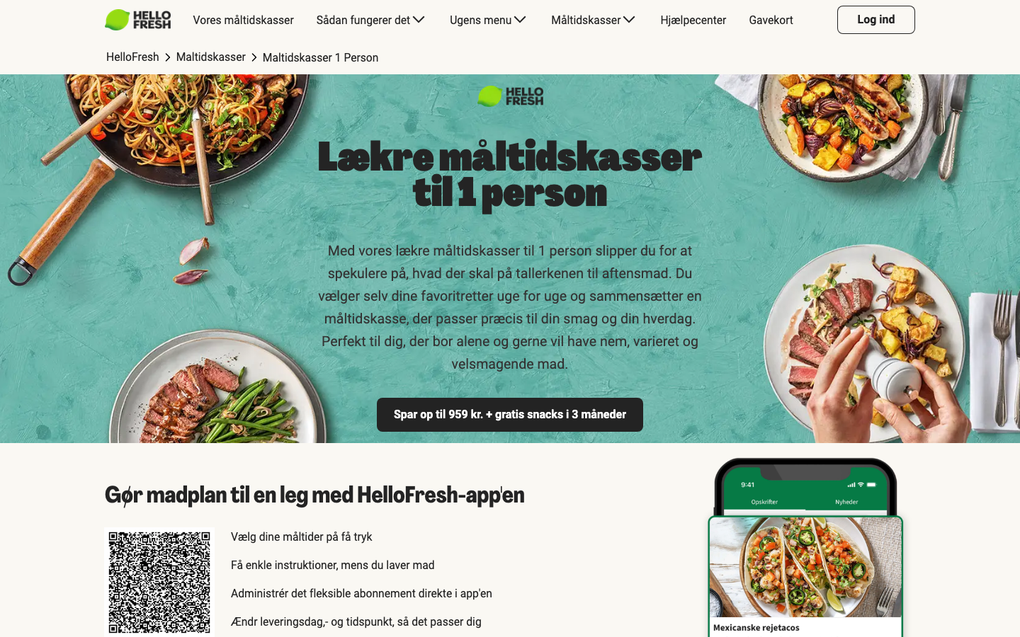 HelloFresh' landingsside for måltidskasser til 1 person, som kræver en 2-personers bestilling