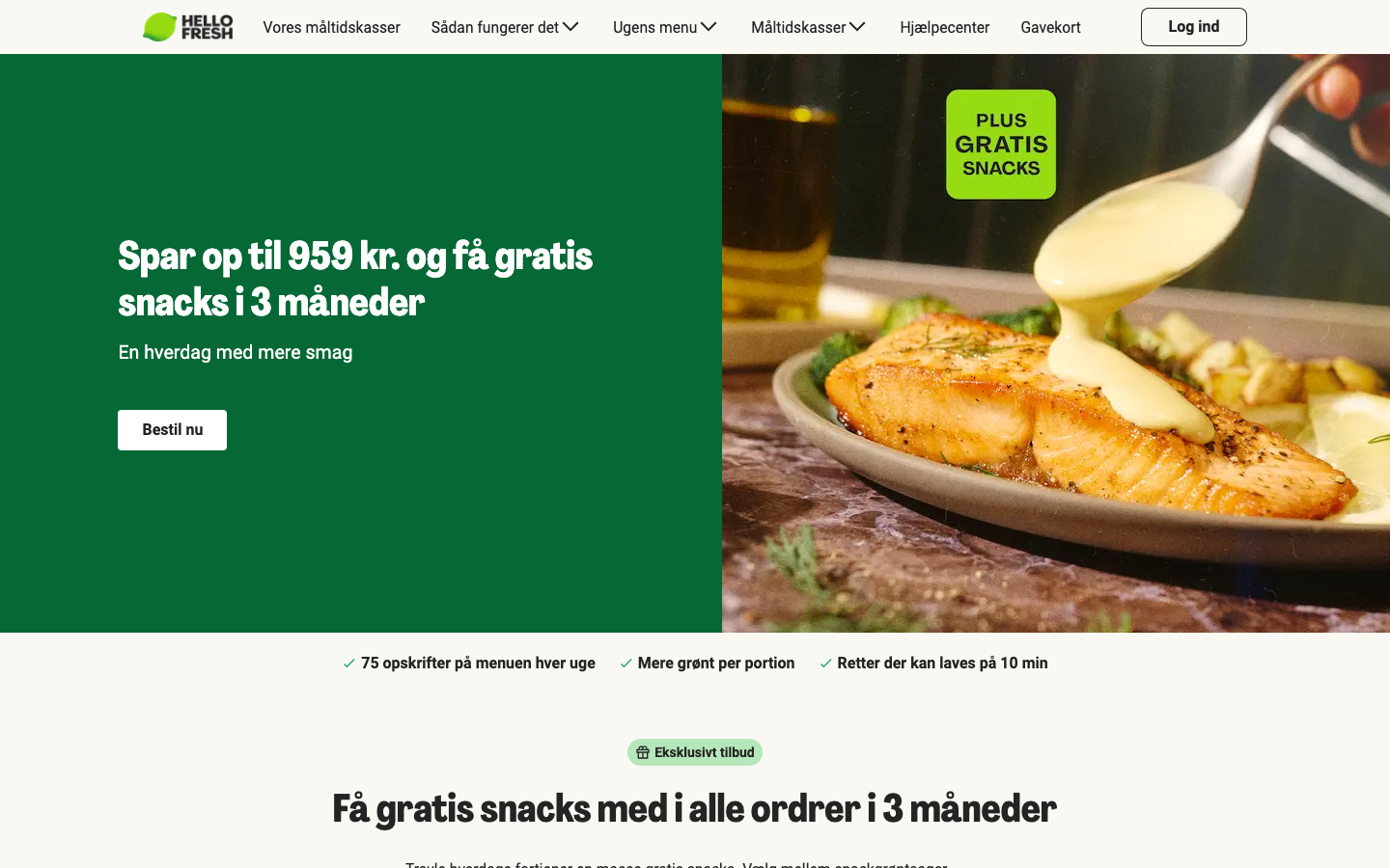 HelloFresh forside med 75 opskrifter om ugen og aktuelt tilbud