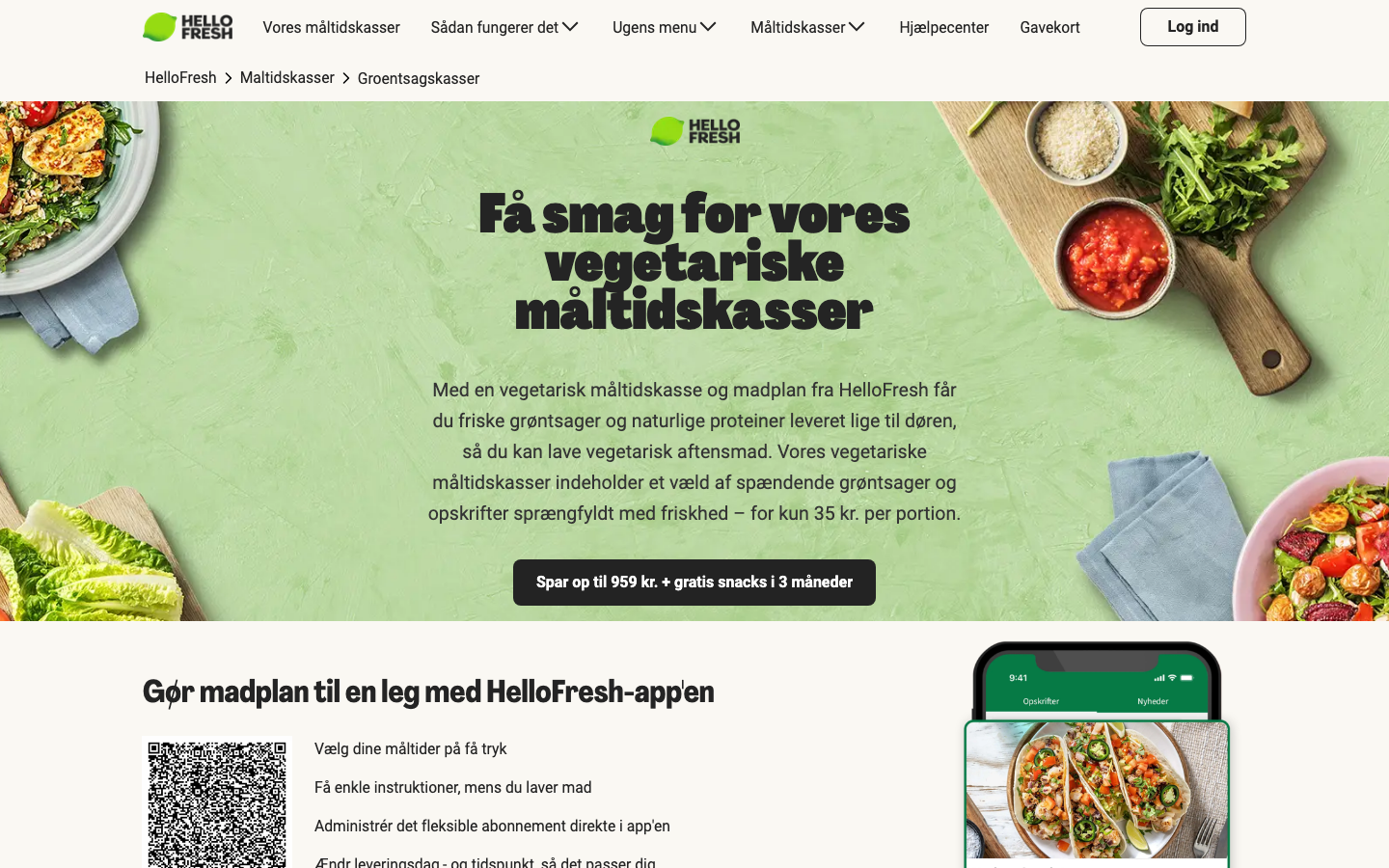 HelloFresh Grøntsagskasse landingsside med pris fra 35 kr. per portion